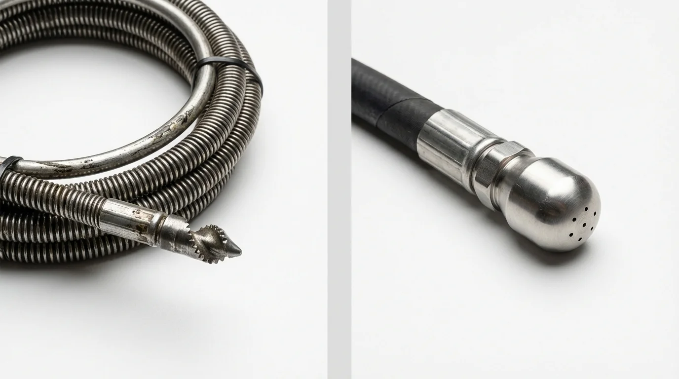 Drain snake cable and hydro jetting nozzle used for drain cleaning in Lumberton, MS
