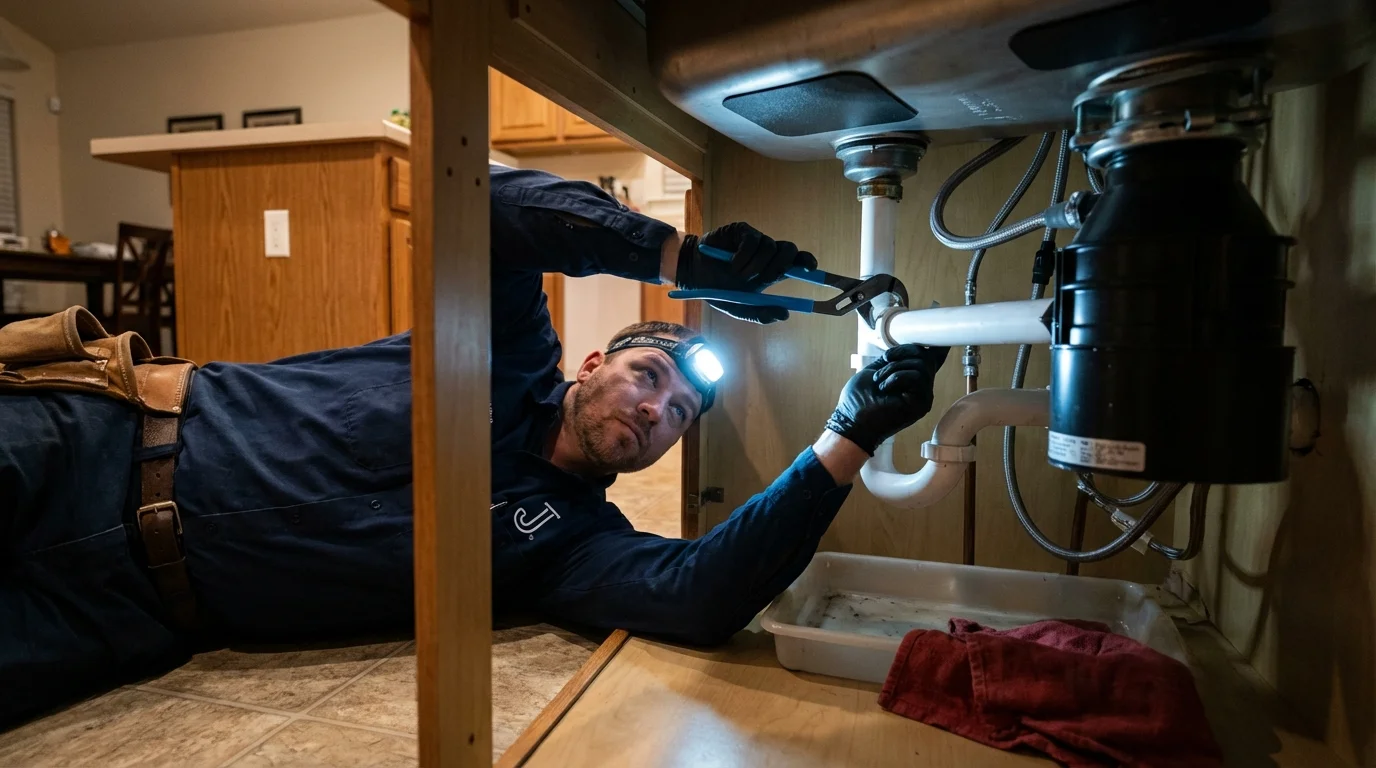 P-trap and supply line connections under a kitchen sink showing a common leak point in Lumberton, MS